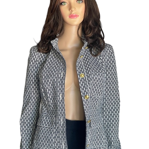 Tory Burch Cameron Crosshatch-print Jacket IvoryNavy with a Mandarin Collar SZ 2 - Picture 3 of 15